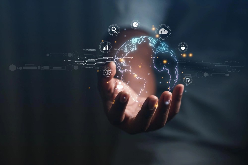 imagem ilustrativa de uma mão de um homem de terno segurando e controlando um globo holográfico, representando o conhecimento da BGF Advocacia no setor de logística empresarial.